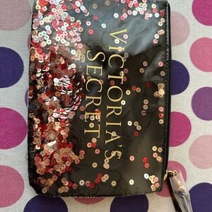 Victoria's Secret Black Sequin Cosmetic Pouch with Mixed Red & Rose-Gold Sequins